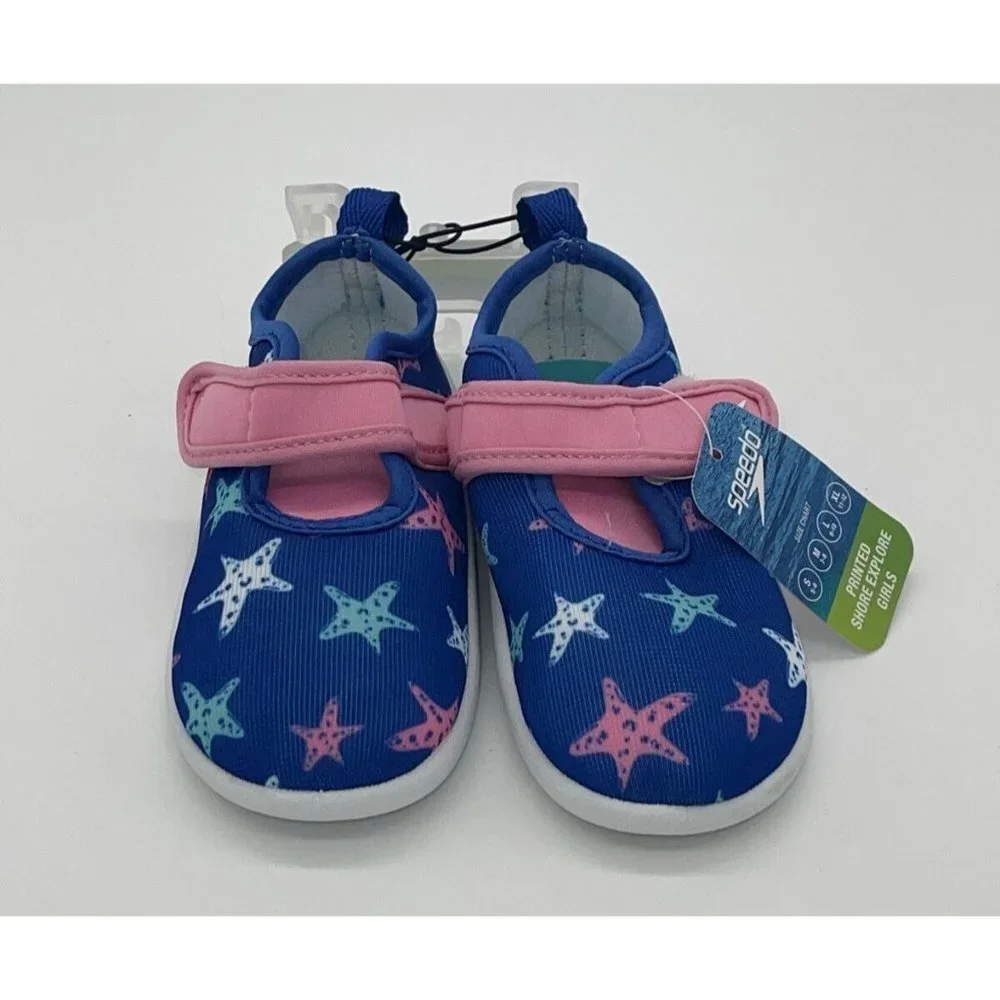 NWT Speedo Girls Kids Medium 7/8 Shore Explore Water Shoes Blue Pink White Stars
